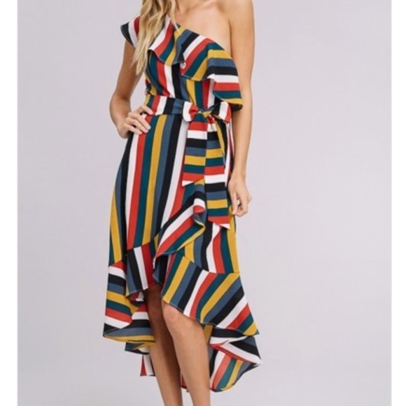 Multi Stripe One Shoulder Ruffle Wrap Dress - Picture 3 of 6